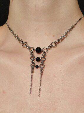 Gothic obsidian unique silver double rosary necklace